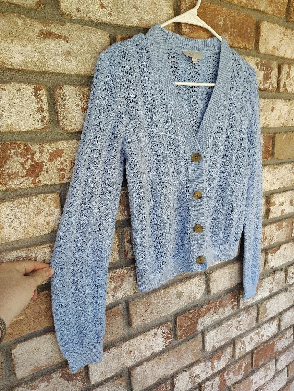 LOFT Light Blue Pointelle Knit Cardigan Sweater Womens Size XS Scalloped Cropped